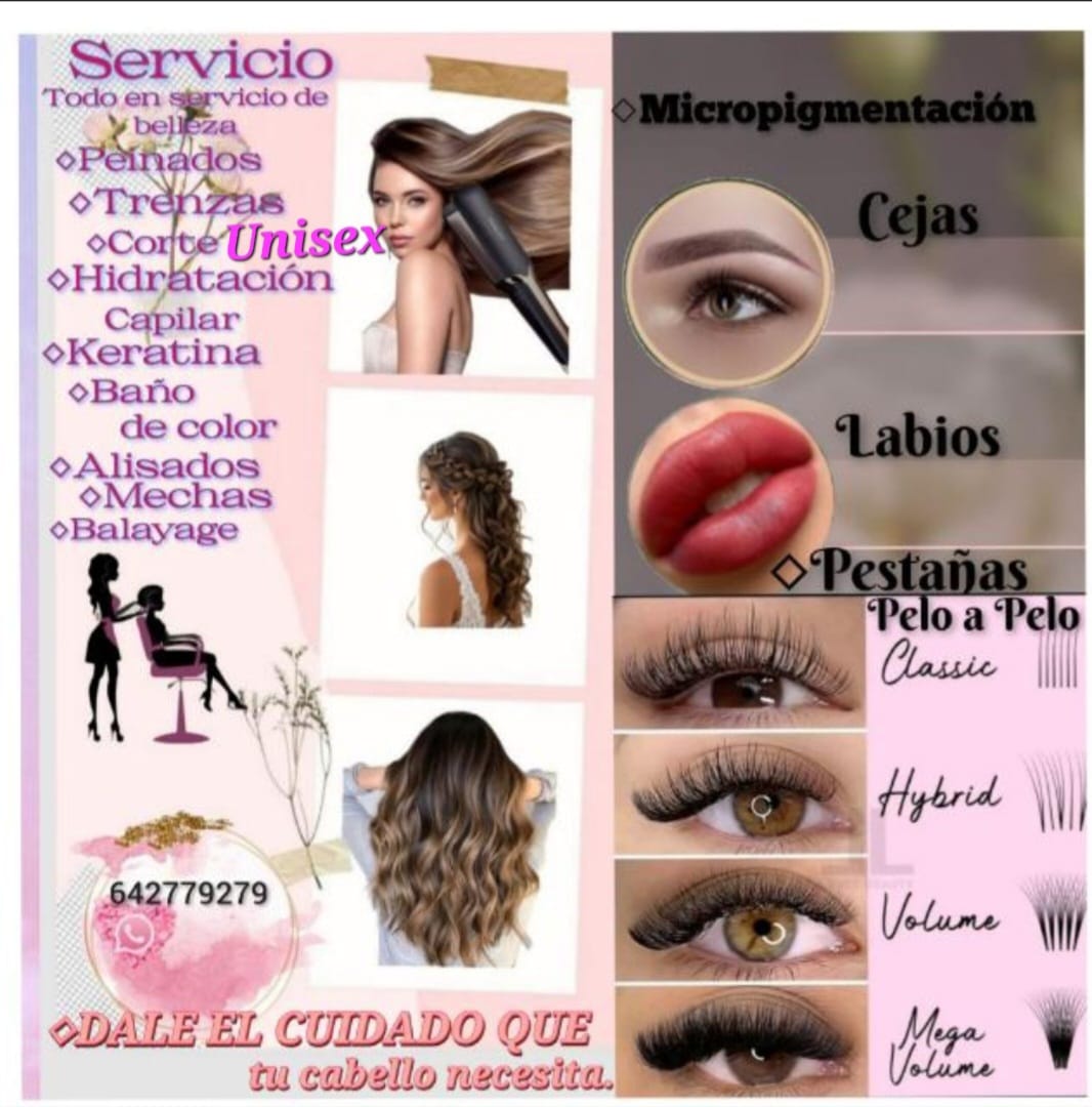 Cartel con el detalle de servicios de peluquería, micropigmentación y pestañas